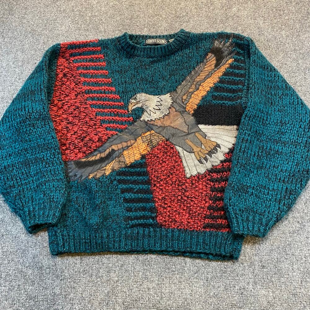 Vintage Street Scenes Eagle Sweater Med Chunky Knit Leather Patch Bird Korea 90s